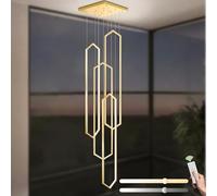 LAMPLAY Lustre Moderne, 4 LED Avec Anneaux En Diamant Doré, Lustre De Villa Réglable En Hauteur, Éclairage De Salon À Télécommande 3000K-6000K, Gradation, Couloir, Salon, Escaliers, Villa
