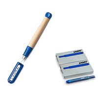 LAMY ABC 009 Stylo-plume en bois d'érable et plastique de couleur bleue, plume en acier poli, calibre de plume A (débutant) - Stylo plume + cartouches, bleu