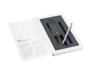 LAMY Lot composé de 1 stylo à bille et crayon ST Twin Pen 645 en acier inoxydable argenté et 1 étui en cuir véritable noir pour deux stylos