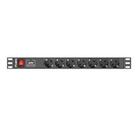 Lanberg PDU 1U 7 Prises Type F C14, 2m, 220-250V, 10A, Noir - Unité de Distribution d'Énergie Horizontale 431x45x44.5mm