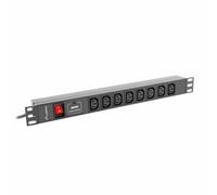 Lanberg PDU 1U PDU-08I-0200-C20-BK – 8 prises C13, 220-250V, 16A, 4000W, câble 2m, aluminium noir