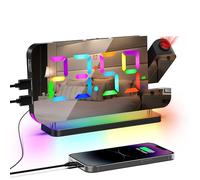 Lancoon Réveil à Projection Colorée avec Surface Miroir Radio avec écran Couleur RVB 10 Couleurs Veilleuse LED Horloge Bureau pour Chambre à Coucher Maison Noir
