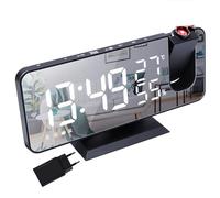 Lancoon Réveil numérique avec projecteur à 180° - Écran miroir - Variateur - Horloge radio-pilotée - Affichage de la température et de l'humidité - Adaptateur inclus