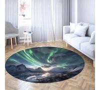 LANDERSION Tapis Rond Northern Lights 140cm Tapis Circulaire Mountain Aurore Lavable pour Salon Chambre Table Salle Manger antidérapant Poil Bas Fantasy