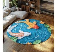 LANDERSION Tapis Ronds lavables pour Le Salon 160cm Tapis décoration 3D découpés Papier Wave Koi Design Doux antidérapants pour entrée intérieure Sol Motif Lotus Vibrant Bleu pour Chambre Cuisine