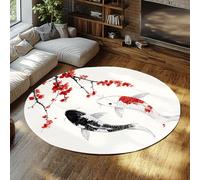 LANDERSION Tapis Ronds Style Japonais 90cm Tapis Branche Cerisier Rouge Magnifique Sol intérieur carpi Koi Art Minimaliste circulaires lavables pour Chambre Salon antidérapant