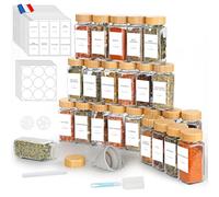 Lannvan Pot à Épices en Verre et Bois - 24 Pièces 120ml Bocaux à Épices Françaises - Boite a Epices Cuisine Rangement - avec Tamis, 246 Étiquettes, Entonnoir