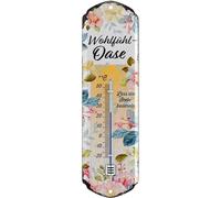 LANOLU Thermomètre Rétro Welfeel-Oasis Lieu Préféré Panneau Métal Jardin pour Extérieur Balcon Décoration Jardin Panneaux Vintage en Métal Décoration Murale 8x28cm