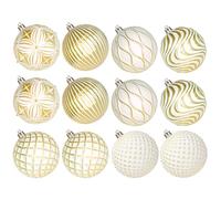 Lanpn 12 Pcs 10cm Grosse Boule de Noel Exterieur, Geante Boules Sapin Noël Plastique Incassables, Grande Boule Arbre en Motifs Relief Fil Suspension, Décoration Jardin Fêtes Patio, Blanc & Or