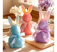Lanpn 3 Pcs Lumières LED de Pâques Lapin, Bougies de Lapin en Cire Véritable, Lumière Cadeau Sans Flamme à Piles avec Télécommande, Décoration Pâques Printemps Fête, Pastel, 10 x 18,5 cm