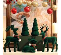 Lanpn 5 Pcs Figurines de Renne & Sapin de Noël Décoration, Sculpture de Cerf Arbre Noel en Floqué, Ensemble Figurine d'élan en Velours, Elk Décorations de Maison Cheminée Centre Table, Vert