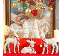Lanpn 5 Pcs Figurines de Renne & Sapin de Noël Décoration, Sculpture de Cerf Arbre Noel en Floqué, Ensemble Figurine d'élan en Velours, Elk Décorations de Maison Cheminée Centre Table, Blanc
