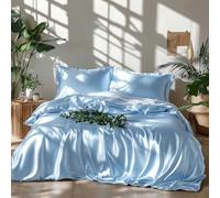 Lanqinglv Luxe Housse de Couette Satin 140 x 200 cm Bleu avec 1 Taie d'oreiller 65x65cm Unie Parure de Lit Adulte Ado 1 Personne Linge de Lit Satin de Soie Soyeux Brillante avec Fermeture Éclair