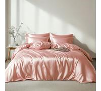 Lanqinglv Luxe Housse de Couette Satin 140 x 200 cm Rose avec 1 Taie d'oreiller 65x65cm Unie Parure de Lit Adulte Ado 1 Personne Linge de Lit Satin de Soie Soyeux Brillante avec Fermeture Éclair