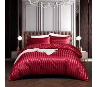 Lanqinglv Luxe Housse de Couette Satin 140 x 200 cm Rouge Rayures avec 1 Taie d'oreiller 65x65cm Parure de Lit Adulte Ado 1 Personne Linge de Lit Satin de Soie Soyeux Brillante avec Fermeture Éclair