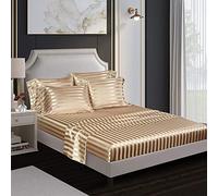 Lanqinglv Satin Drap Housse 90x200 cm Bonnet 30 cm Kaki Beige Rayures - élastique Drap Housse 1 Personne Soyeux Soie Brillant Housse de Matelas l'été Doux Protège Matelas