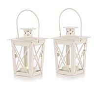 Lanterne en Verre À Terre/Suspendue, Lanterne en Verre Portable, Bougie Chauffe-Plat Petite Lanterne Rétro De Fer, Suspension De Décoration D’Intérieur/Cour (Blanc, 2 Pcs)