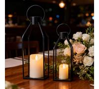 Lanterne Exterieur, Lot de 2 lanternes de Jardin avec Bougies LED - 32+40 cm - en Acier Inoxydable - Lanternes décoratives pour l'extérieur - Décoration de Table de Mariage - Noël - Noir