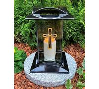 Lanterne funéraire avec motif croix dorée - Bougie funéraire - Bougie funéraire - 27 cm de hauteur - Décoration funéraire - Nouveau modèle avec bougie sans socle