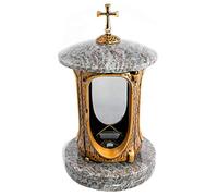 Lanterne funéraire élégante avec croix - Granit Orion clair - Hauteur : 27 cm - Diamètre : 15 cm - Lanterne funéraire - Lampe funéraire en granit bronze avec socle - Décoration funéraire