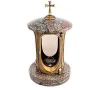 Lanterne funéraire élégante avec croix - Granit Paradiso - Hauteur : 27 cm - Diamètre : 15 cm - Lanterne funéraire - Lampe funéraire en granit bronze avec socle - Décoration funéraire