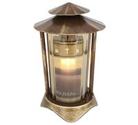 Lanterne funéraire en métal ronde avec Bougie LED de 21 cm (lanterne : Bronze - Verre : bronze).