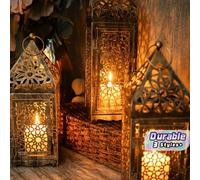 Lanterne métallique de style marocain, bougeoir en fer à relief creux, lampe à vent gravée ajourée dorée. Convient pour la maison, le jardin, la cour, la villa, le Nouvel An, Halloween, la Saint-Valen