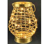 Lanterne photophore en métal et cordon sur socle - 20 cm - LED blanc chaud - Or - Fonctionne avec 3 piles AAA - Avec minuterie - Décoration de Noël - Idée cadeau