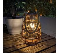 Lanterne solaire d'extérieur imperméable en rotin - Lanterne décorative bohème lumineuse avec poignée rustique à suspendre ou lampe de table pour clôture, porche, jardin, cour, décoration de mariage