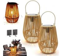 Lanterne Solaire en Rotin Tissée à la Main, Lanternes en Osier Étanches Solaires pour l'Extérieur, Lanternes en Rotin à Suspendre Solaires pour Jardin, Cour, Terrasse, Terrasse, Gazebo, Table, 2