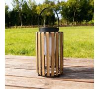 Lanterne Solaire Extérieur 31,5cm, Rotin PE Plat Cylindrique, Lampe Jardin | Design Bois | 8-10H Autonomie | Crépuscule Auto | Déco Extérieur Multi-Usage