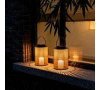 Lanterne Solaire Extérieur Lot de 2, Lampe Jardin Bohème Effet Rotin | Duo Photophores Étanches IP44. LED Blanc Chaud, Auto Crépuscule. Déco Terrasse & Balcon Style Bohème