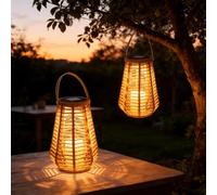 Lanterne Solaire Extérieur Rotin, Lampe à Poser Corde Chanvre LED Jardin | Lot de 2. Photophore Déco Terrasse & Salon. Effet Rotin Chanvre, Allumage Auto, IP44. Format Table H: 22,5cm.