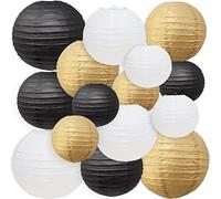 Lanternes en Papier - 15 Pièces Lampion Papier Boule Ronde Lampes en pour Mariages, Anniversaires, Fêtes et Événements - Assortiment de Tailles (6", 8", 10" - Noir, Blanc, Or)