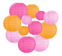 Lanternes Papier, 12 Suspension Rondes Lampions Chinois, 25/20/15/10 cm Boule Lanterne Papier Rose, Orange, Rouge - 12 Pièces