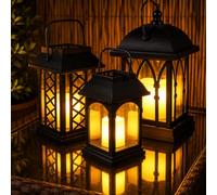 Lanternes Solaires Extérieures Décoratives Noir Mat avec Bougie LED Effet Vacillant (Pile Rechargeable Incluse) Waterproof par Festive Lights (Lot 3 Lanternes)