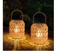 Lanternes solaires pour l'extérieur - Lot de 2 lampes de jardin en rotin tressé étanches à suspendre pour décoration et cadeau