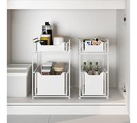 LANTUS Étagère sous Évier, 2 Paniers Coulissants, Empilable, Blanc-2PC, 37.4 cm x 37.4 cm x 44 cm, pour Rangement dans Placard, Cuisine, Chambre, Salle de Bain, Bureau