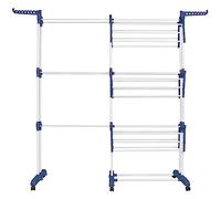 LANTUS Étendoir Linge Intérieur sur 3 Niveau, Séchoir à Linge Extensible Réglable, Tancarville Grand Capacité, avec 6 Roues de Frein de Stationnement à 360°,75-142,5 * 64 * 170cm (Bleu + Blanc)