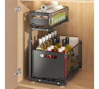 LANTUS Rangements sous Evier 2 Niveaux Organisateur Coulissant,Paniers Coulissants, Empilable,Étagères pour Placard Meuble Cuisine Salle Bain,26,5 x 38 x 48,5 cm (Noir)