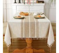 Laolitou Nappe Rustique rectangulaire en Coton et Lin imperméable et Lavable pour Cuisine, Salle à Manger, fête, Vacances, Noël, Buffet, Motif Lignes café, 140 x 259 cm, 8 à 10 Places