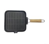 Lapiglo Poêle à frire pliable en fonte de 24 x 24 cm, poêle à steak à motif rayé avec poignée en bois, cuisinière et utilisation en camping