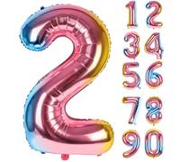 LAPONO Ballon Chiffre 2 Anniversaire Arc-en-ciel, Ballon Aluminium Géant 90 × 52 cm, Gonflable à l’Air ou Hélium, Valve Auto-scellante, Décoration Anniversaire Fête Photo pour 2, 20, 21 ou 25 Ans