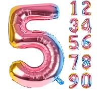LAPONO Ballon Chiffre 5 Anniversaire Arc-en-ciel, Ballon Aluminium Géant 95 × 50 cm, Gonflable à l’Air ou Hélium, Valve Auto-scellante, Décoration Anniversaire Fête Photo pour 5, 15, 50 ou 55 Ans