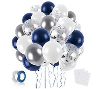LAPONO Ballons Anniversaire 60 Pièces Latex Naturel 30 cm Ballons de Fête Décoration Anniversaire Arche Ballon Bleu Argent Blanc Confettis Gonflables pour Mariage Nouvel An Remise des Diplômes Fête