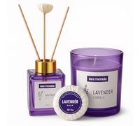 LARA MORADA Set de parfum 3 en 1 - Diffuseur de bâtonnets 100 ml, bougie 120 g, savon 20 g - Idée cadeau élégante, parfum durable pour maison, salle de bain, bureau (lavande)