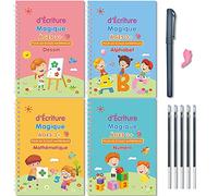 Larcenciel Cahier Ecriture Maternelle En Français, 4 Livres Calligraphie Enfant Magique + 1 Stylo + 5 Recharges +1 Grip, Cahier De Vacances CP Vers CE1 CE2, Guide Doigts Ecriture Enfant pour 3-5 Ans