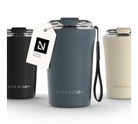 LARS NYSØM Mug Isotherme Cafe to-go avec sangle et couvercle en tritan 380ml | Tasse de voyage 0.38 litre avec isolation | Tasse thermique étanche en acier inoxydable (Stone Blue, 380ml)