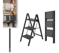 LARS360 Escabeau pliable à 3 marches - Échelle en acier - Tapis en caoutchouc antidérapant - Marches élargies - Charge maximale : 250 kg - Pour la maison, le bureau, le garage - Noir