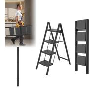 LARS360 Escabeau pliable à 4 marches - Échelle en acier - Tapis en caoutchouc antidérapant - Marches élargies - Charge maximale : 250 kg - Pour la maison, le bureau, le garage - Noir